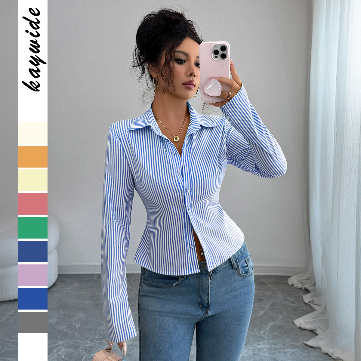 Winter Clothing Dress Up - Camisa Casual Simples Listrada de Manga